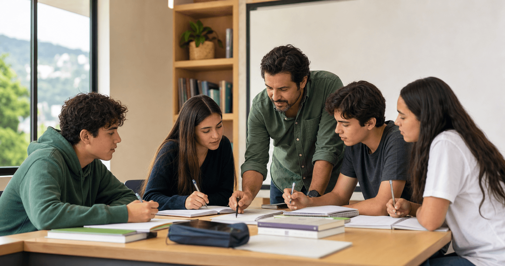 Docente acompañando a estudiantes en clase; imagen ilustrativa